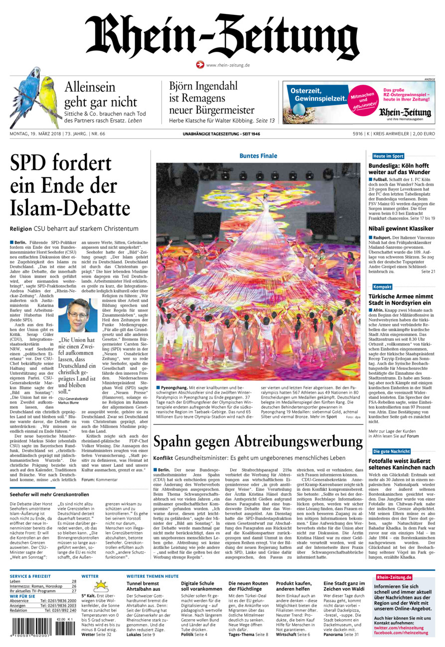 Rhein-Zeitung Kreis Ahrweiler vom Montag, 19.03.2018