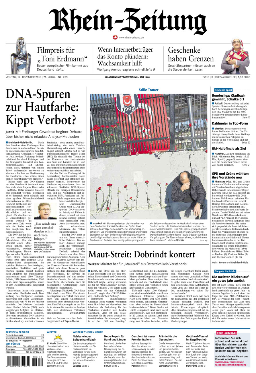 Rhein-Zeitung Kreis Ahrweiler vom Montag, 12.12.2016