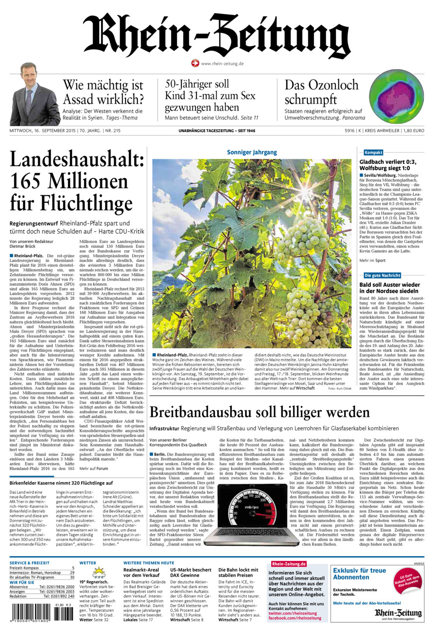 Rhein-Zeitung Kreis Ahrweiler vom Mittwoch, 16.09.2015