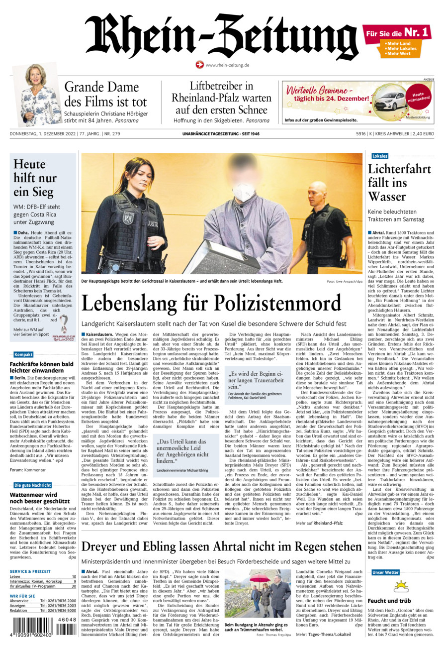 Rhein-Zeitung Kreis Ahrweiler vom Donnerstag, 01.12.2022