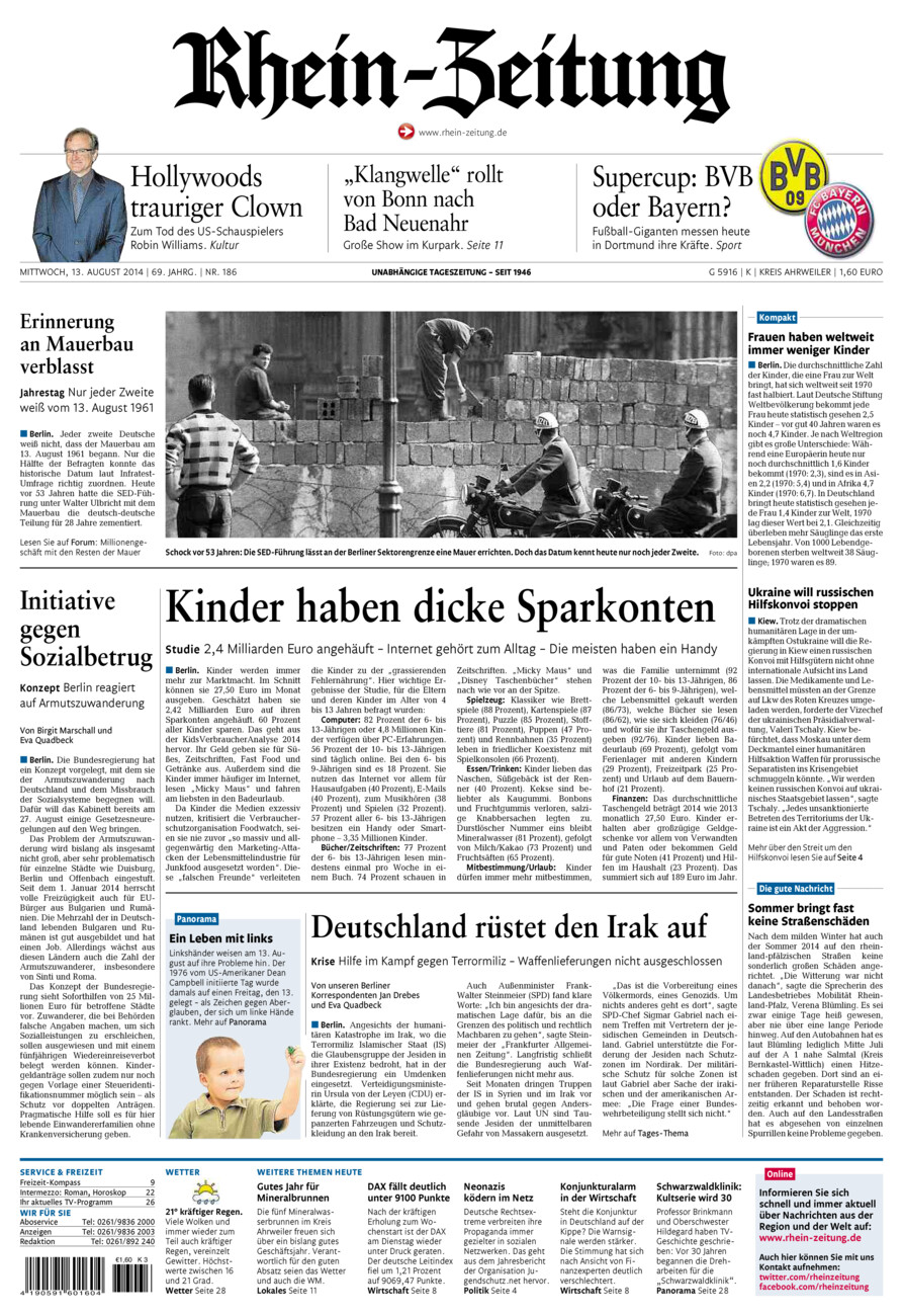 Rhein-Zeitung Kreis Ahrweiler vom Mittwoch, 13.08.2014