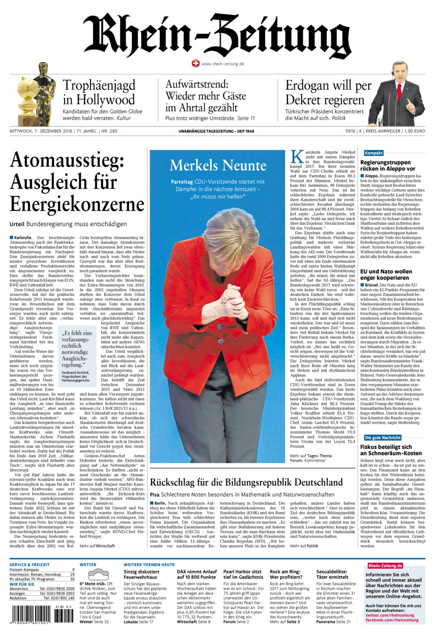 Rhein-Zeitung Kreis Ahrweiler vom Mittwoch, 07.12.2016
