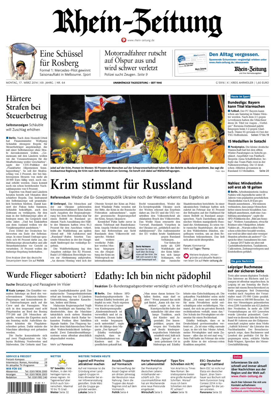 Rhein-Zeitung Kreis Ahrweiler vom Montag, 17.03.2014