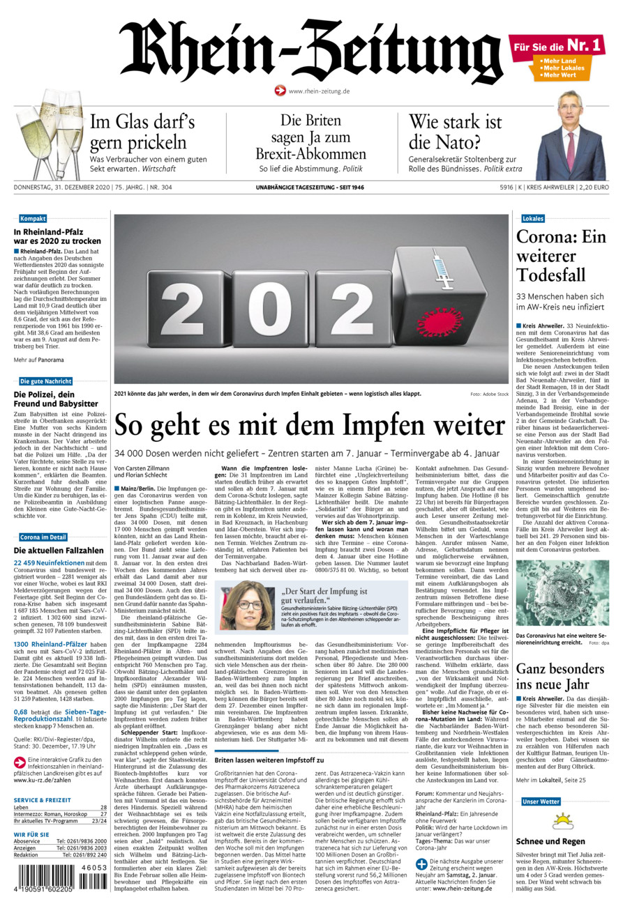 Rhein-Zeitung Kreis Ahrweiler vom Donnerstag, 31.12.2020