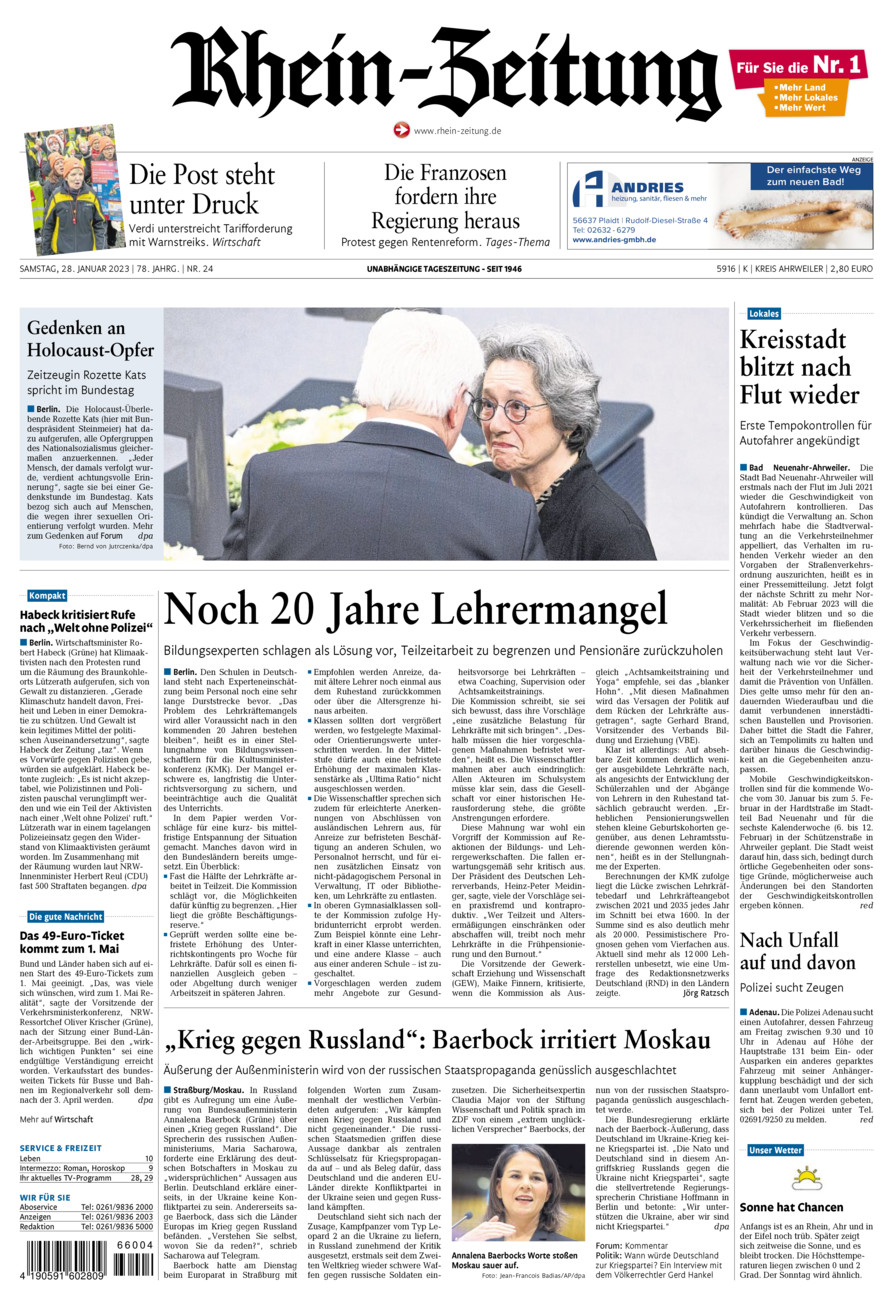 Rhein-Zeitung Kreis Ahrweiler vom Samstag, 28.01.2023
