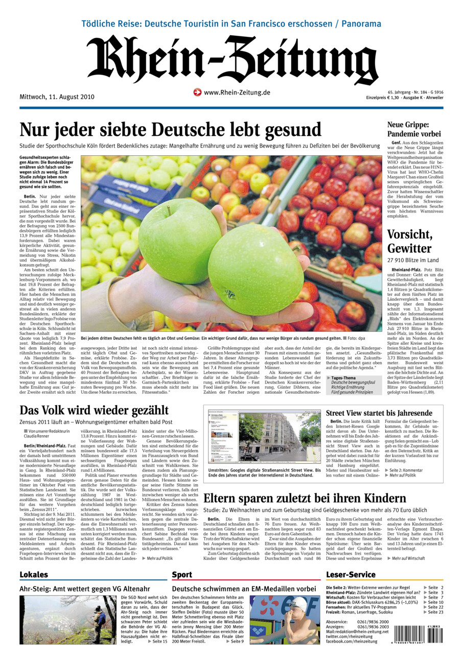 Rhein-Zeitung Kreis Ahrweiler vom Mittwoch, 11.08.2010