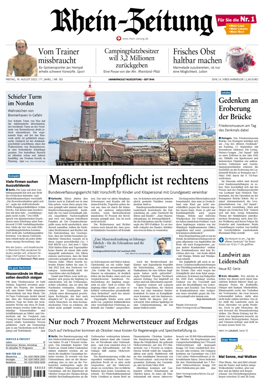 Rhein-Zeitung Kreis Ahrweiler vom Freitag, 19.08.2022