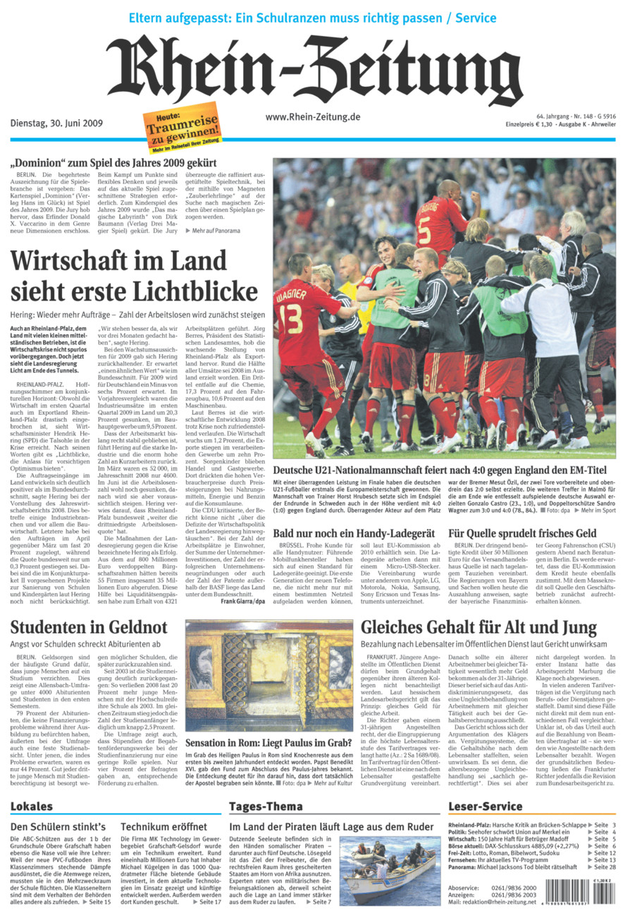 Rhein-Zeitung Kreis Ahrweiler vom Dienstag, 30.06.2009