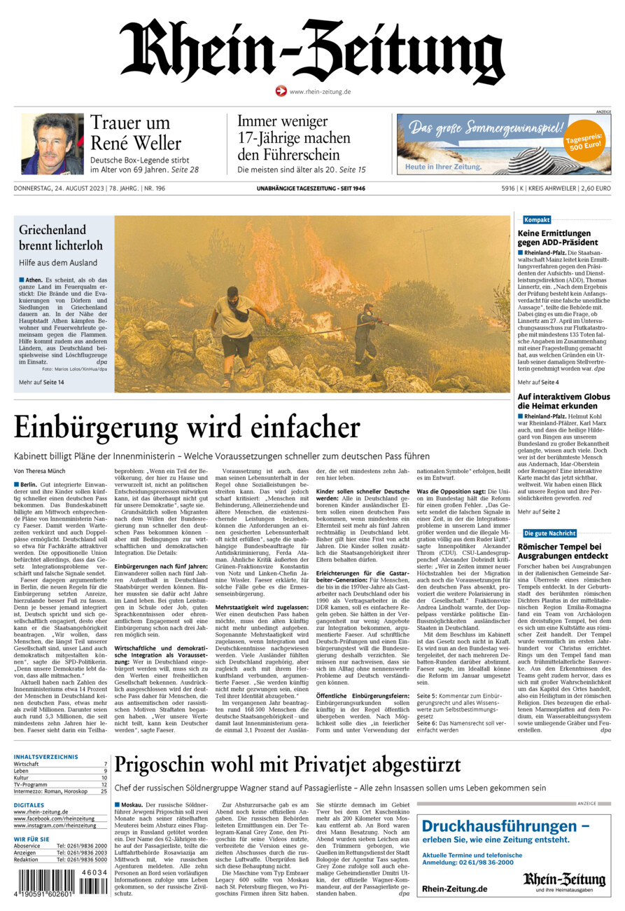 Rhein-Zeitung Kreis Ahrweiler vom Donnerstag, 24.08.2023