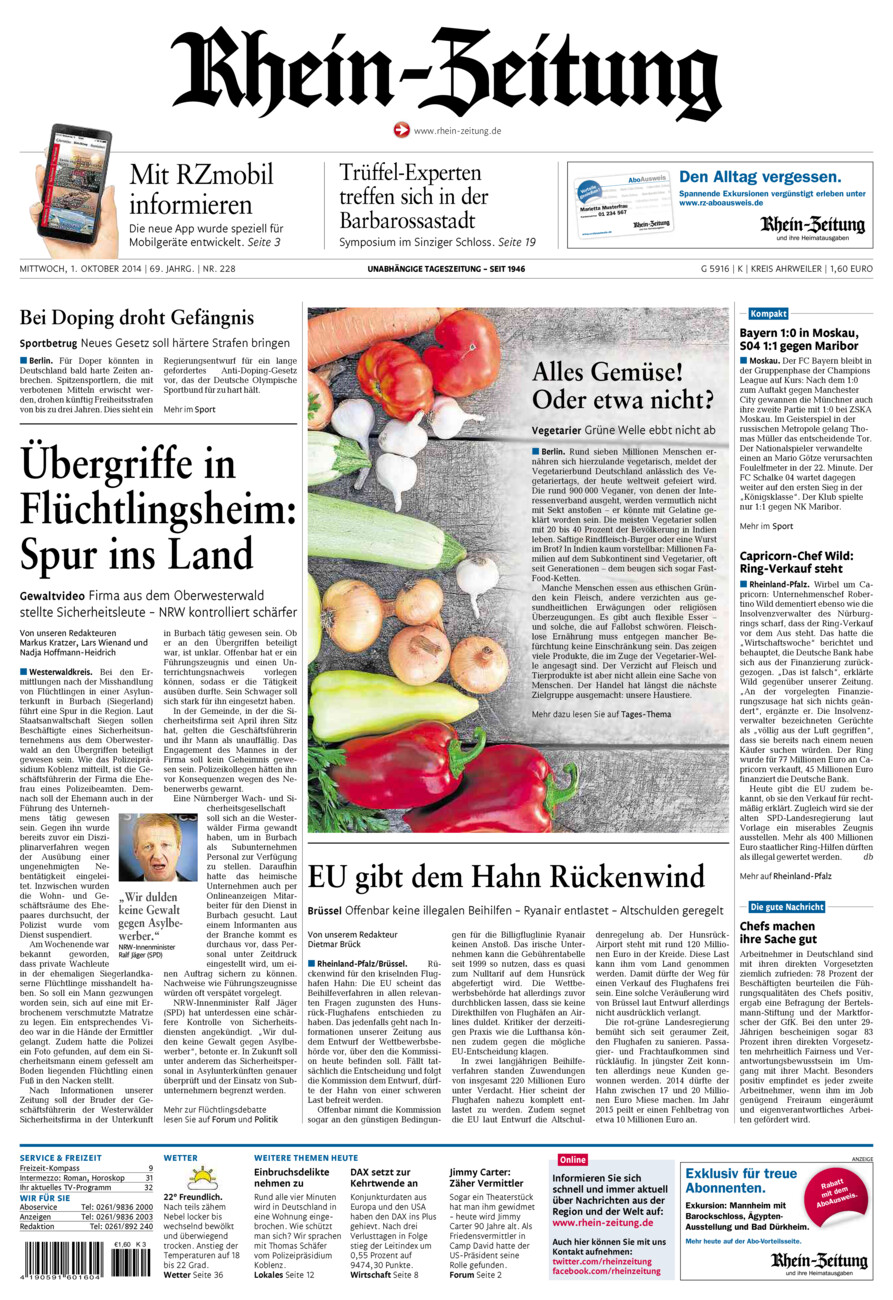 Rhein-Zeitung Kreis Ahrweiler vom Mittwoch, 01.10.2014