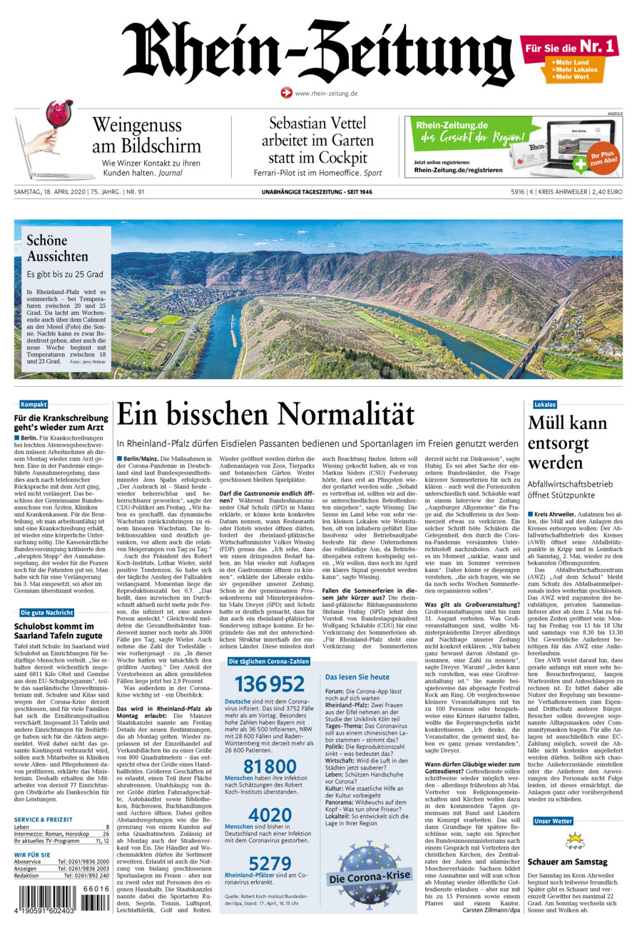 Rhein-Zeitung Kreis Ahrweiler vom Samstag, 18.04.2020