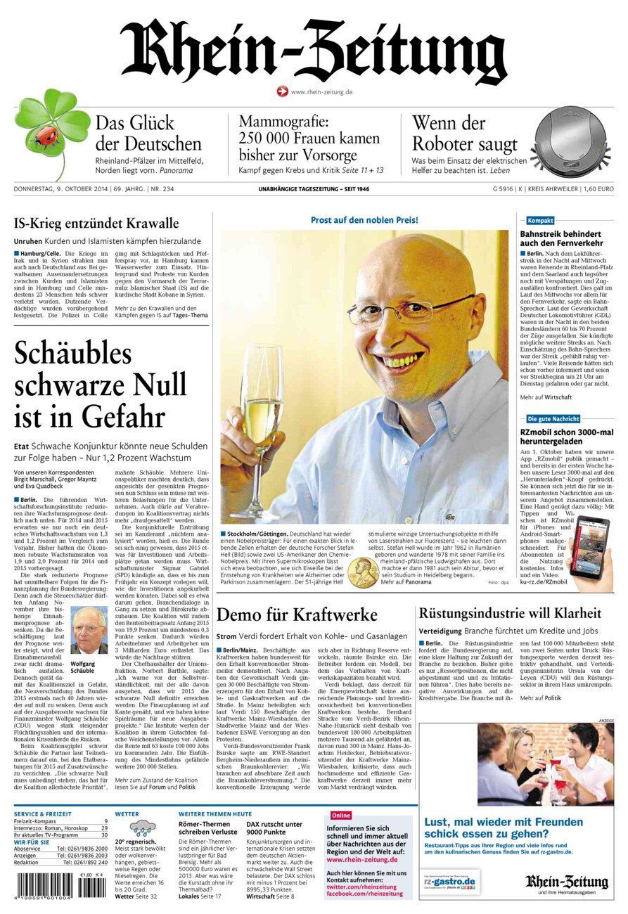Rhein-Zeitung Kreis Ahrweiler vom Donnerstag, 09.10.2014