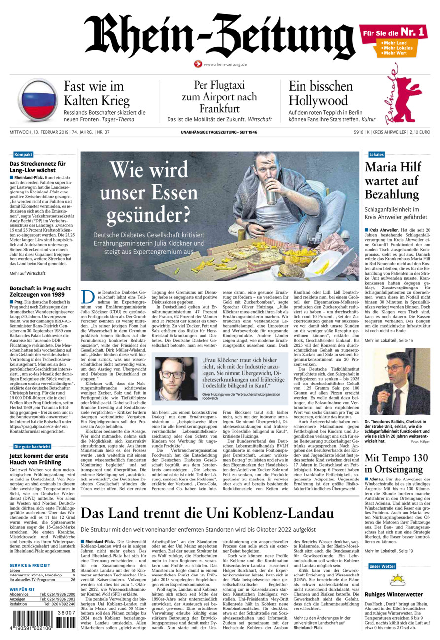 Rhein-Zeitung Kreis Ahrweiler vom Mittwoch, 13.02.2019