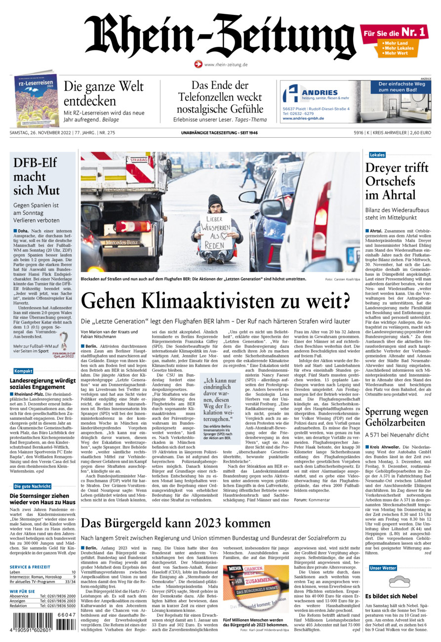 Rhein-Zeitung Kreis Ahrweiler vom Samstag, 26.11.2022