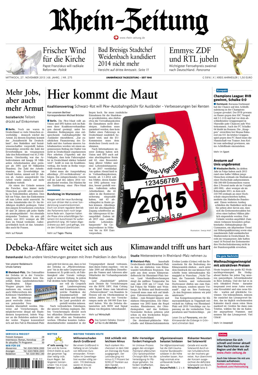 Rhein-Zeitung Kreis Ahrweiler vom Mittwoch, 27.11.2013