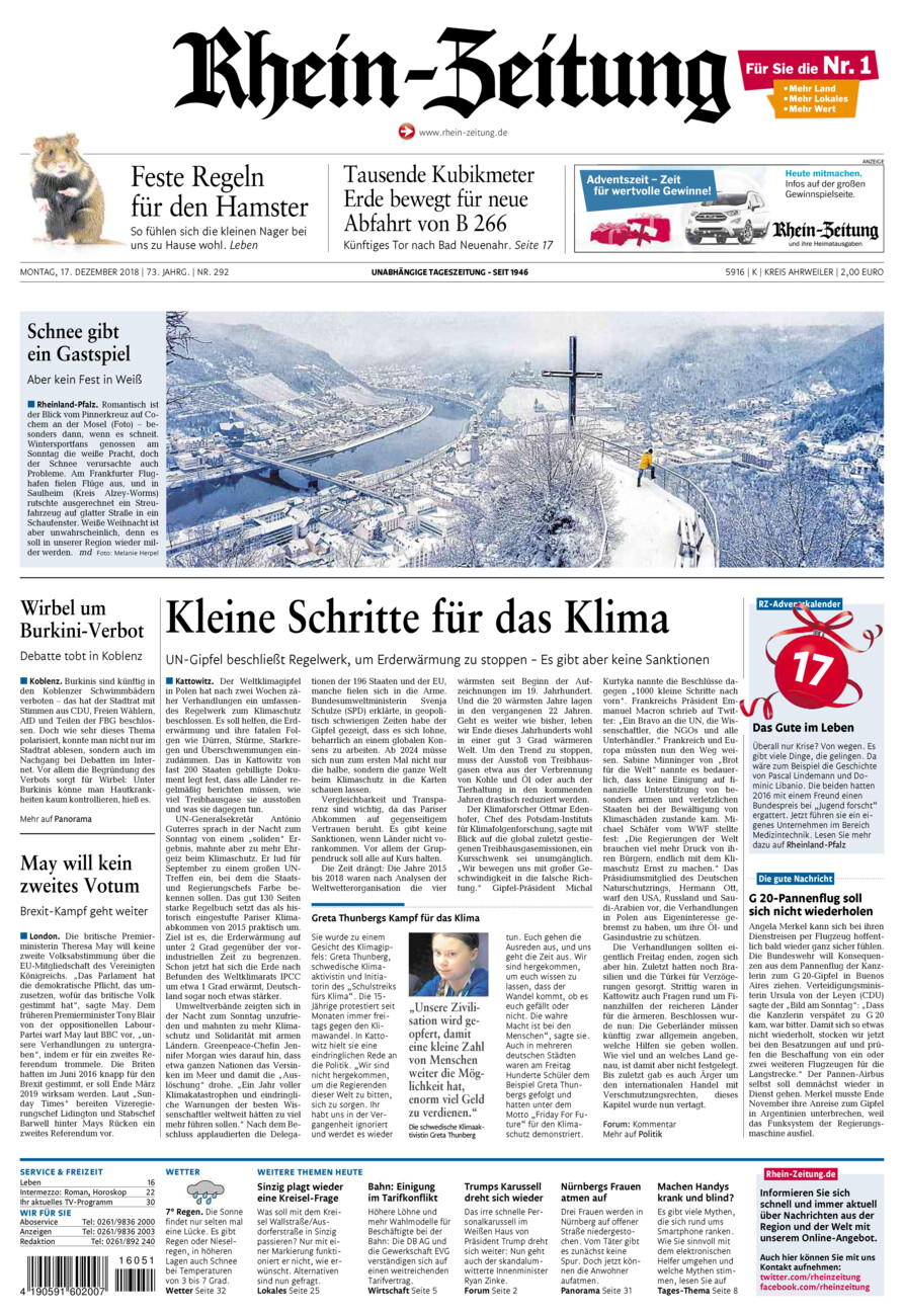Rhein-Zeitung Kreis Ahrweiler vom Montag, 17.12.2018