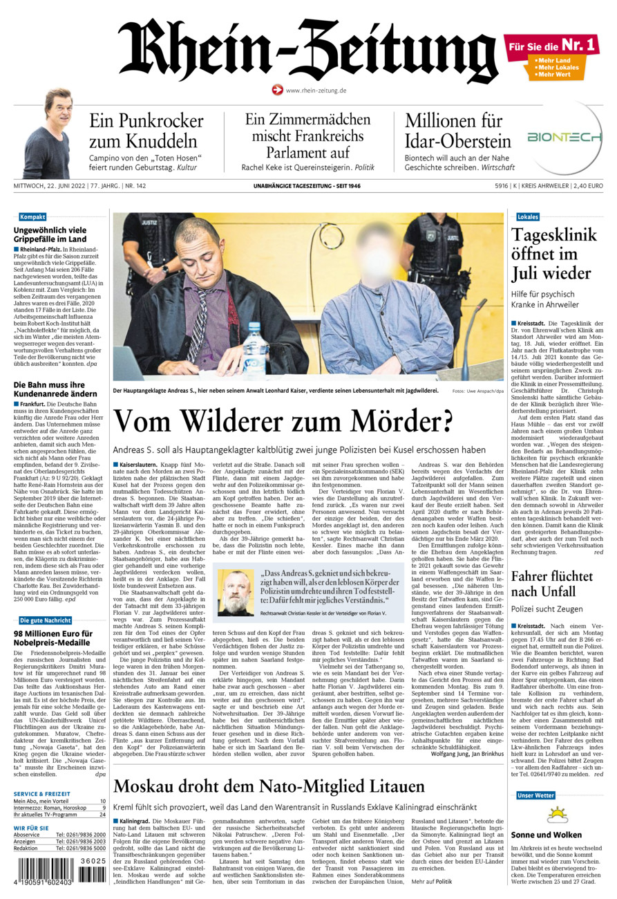 Rhein-Zeitung Kreis Ahrweiler vom Mittwoch, 22.06.2022