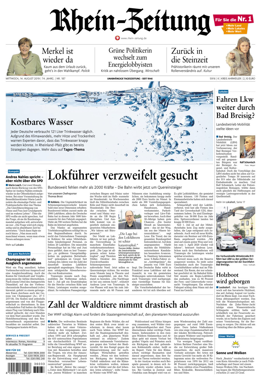 Rhein-Zeitung Kreis Ahrweiler vom Mittwoch, 14.08.2019