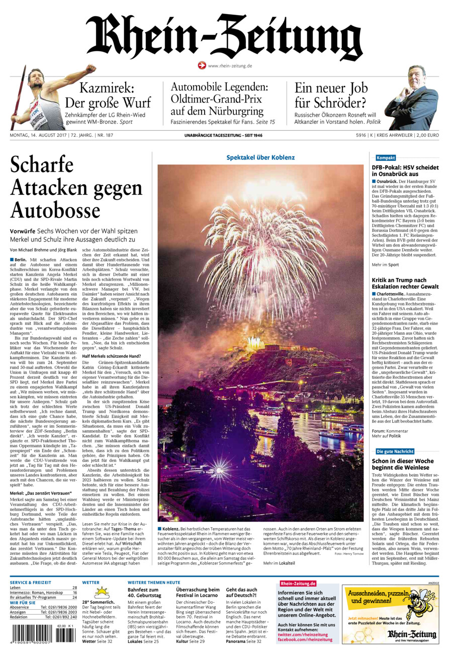 Rhein-Zeitung Kreis Ahrweiler vom Montag, 14.08.2017