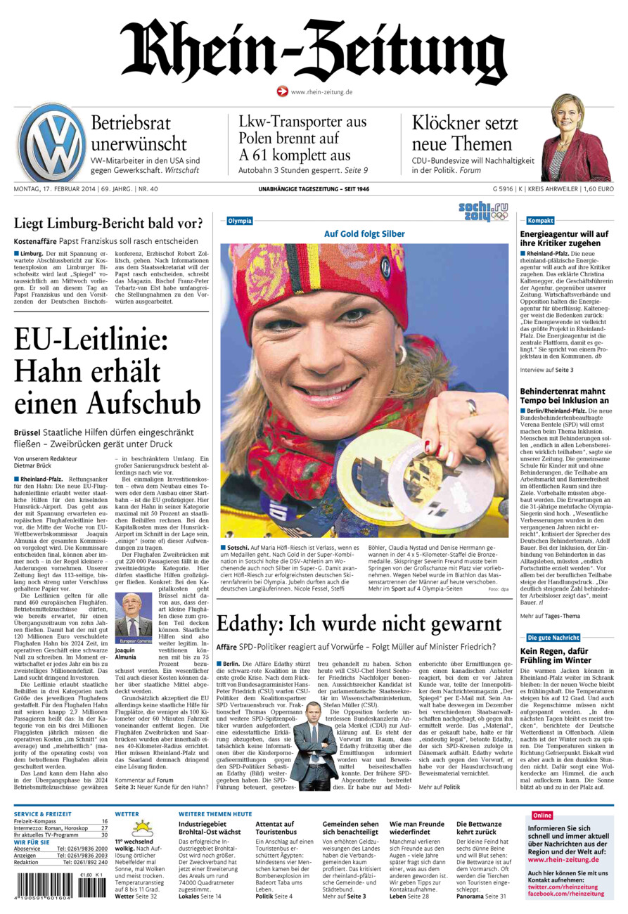 Rhein-Zeitung Kreis Ahrweiler vom Montag, 17.02.2014