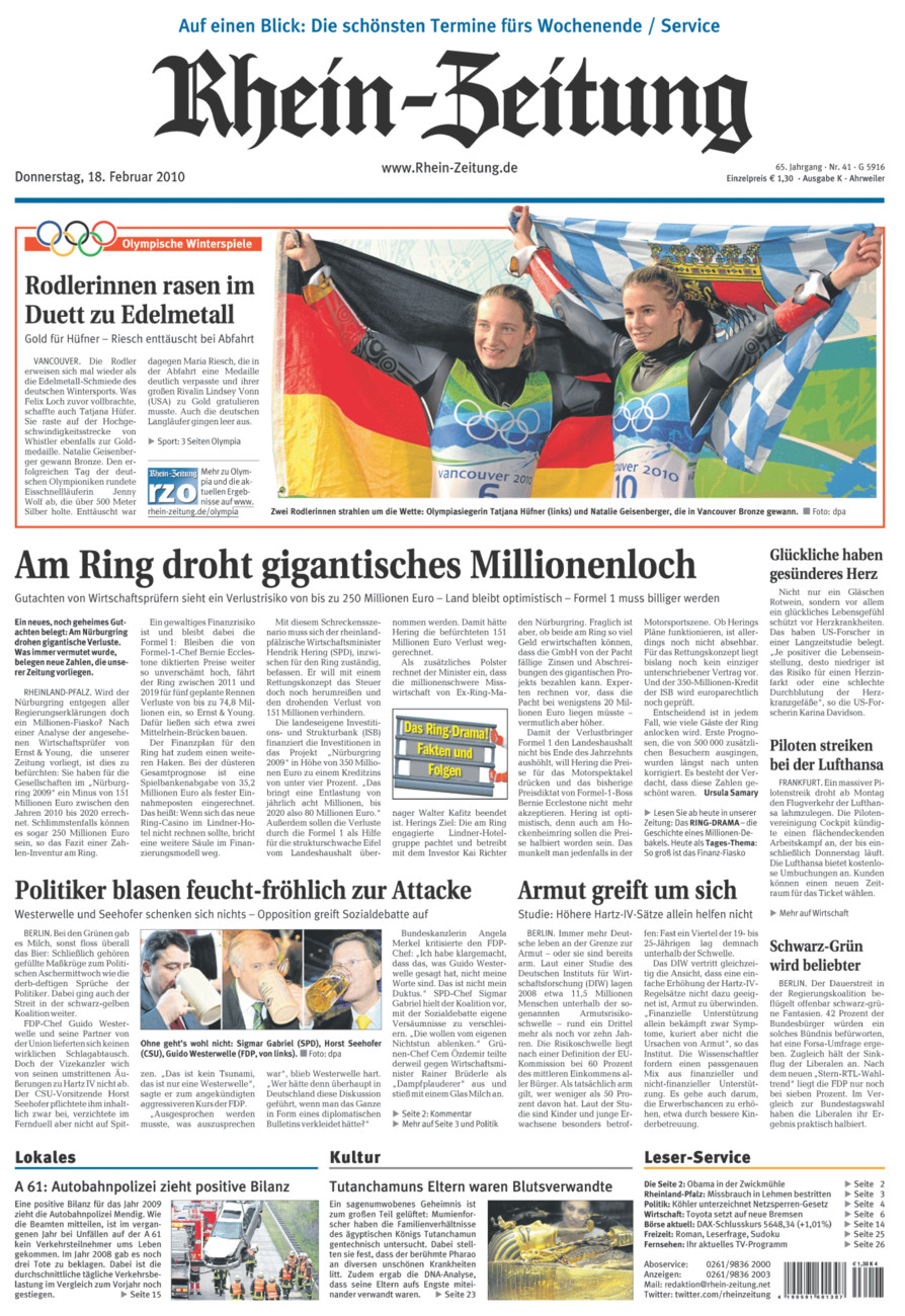 Rhein-Zeitung Kreis Ahrweiler vom Donnerstag, 18.02.2010