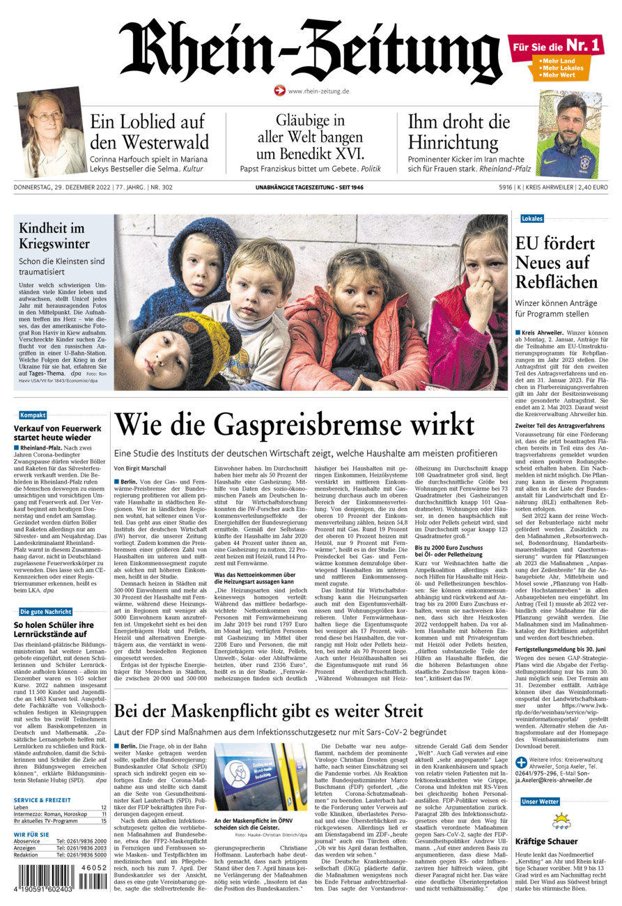 Rhein-Zeitung Kreis Ahrweiler vom Donnerstag, 29.12.2022