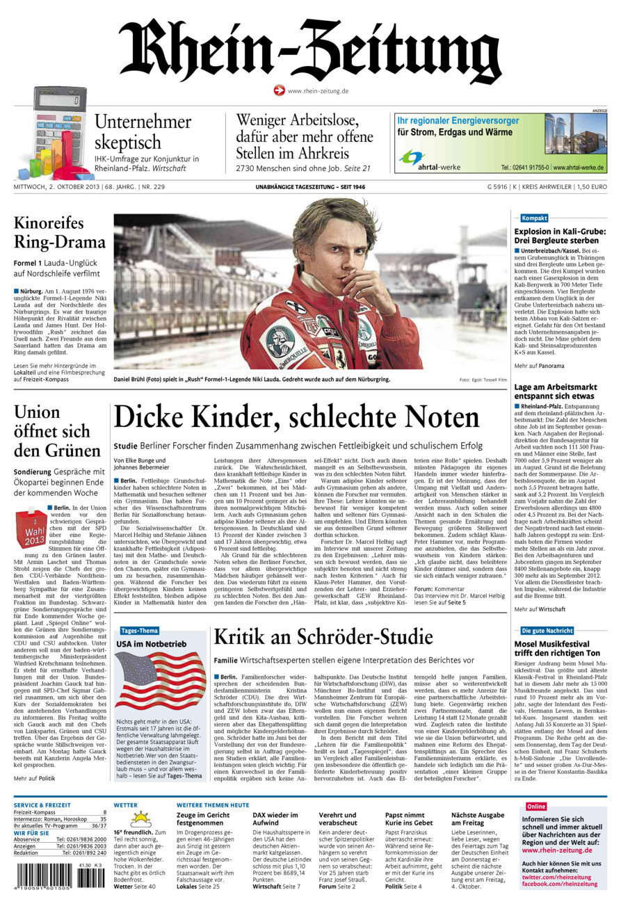 Rhein-Zeitung Kreis Ahrweiler vom Mittwoch, 02.10.2013