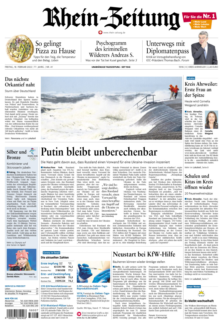 Rhein-Zeitung Kreis Ahrweiler vom Freitag, 18.02.2022