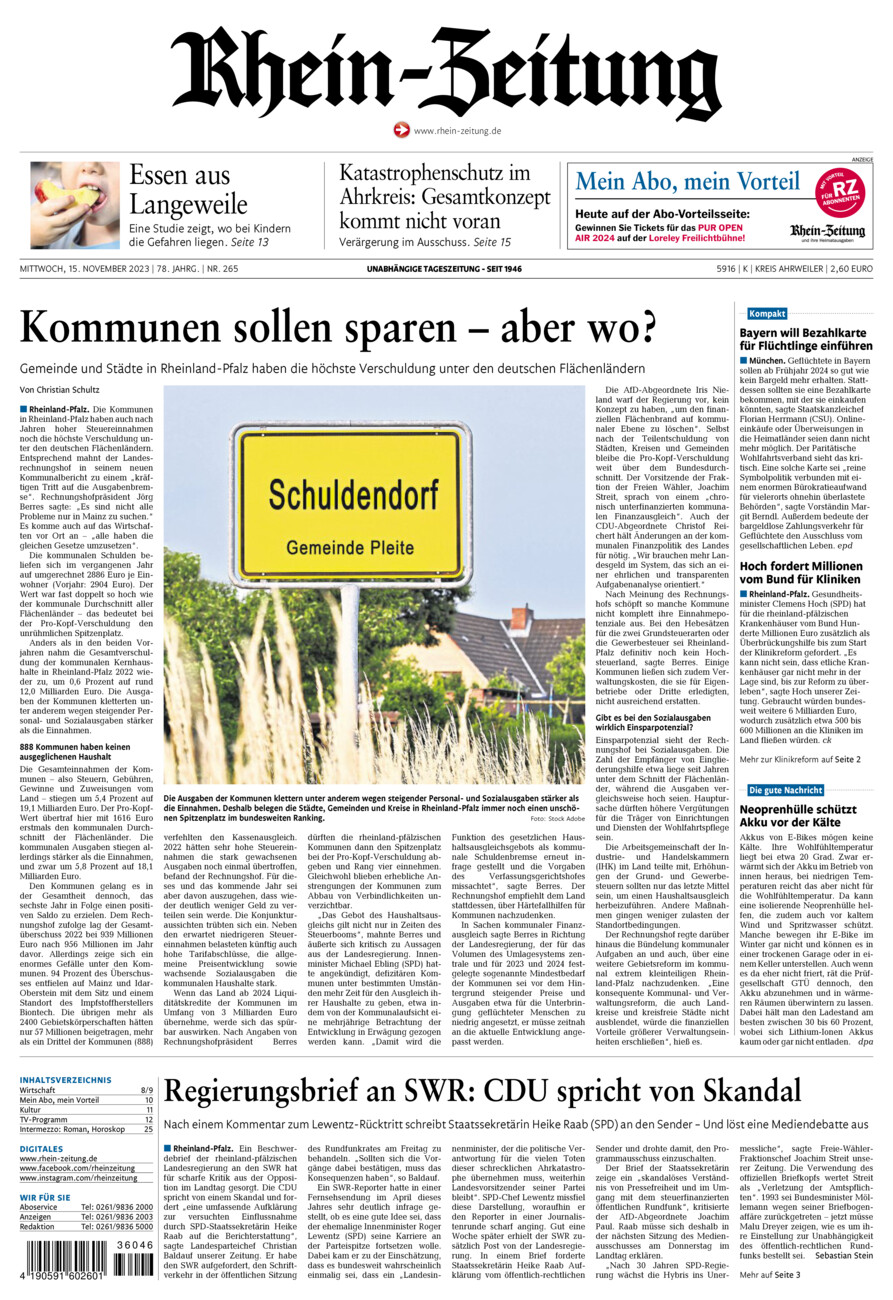 Rhein-Zeitung Kreis Ahrweiler vom Mittwoch, 15.11.2023