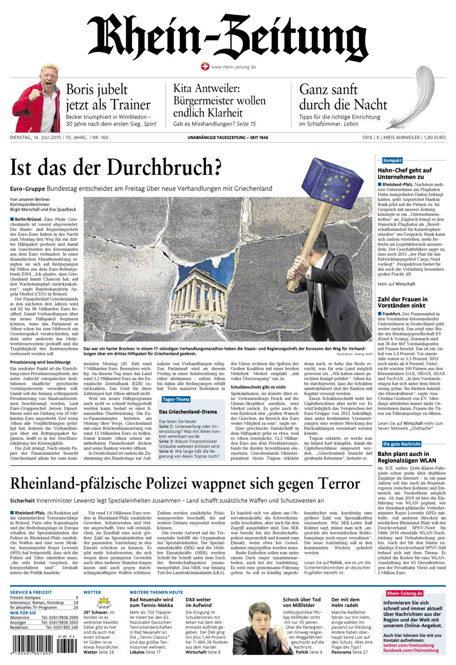 Rhein-Zeitung Kreis Ahrweiler vom Dienstag, 14.07.2015