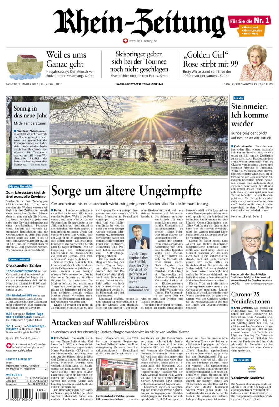 Rhein-Zeitung Kreis Ahrweiler vom Montag, 03.01.2022