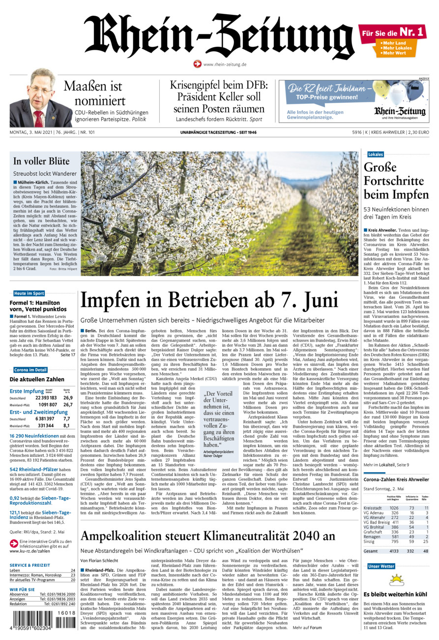 Rhein-Zeitung Kreis Ahrweiler vom Montag, 03.05.2021