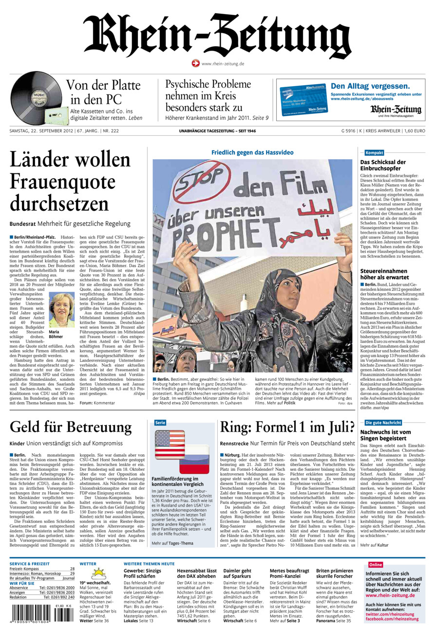 Rhein-Zeitung Kreis Ahrweiler vom Samstag, 22.09.2012