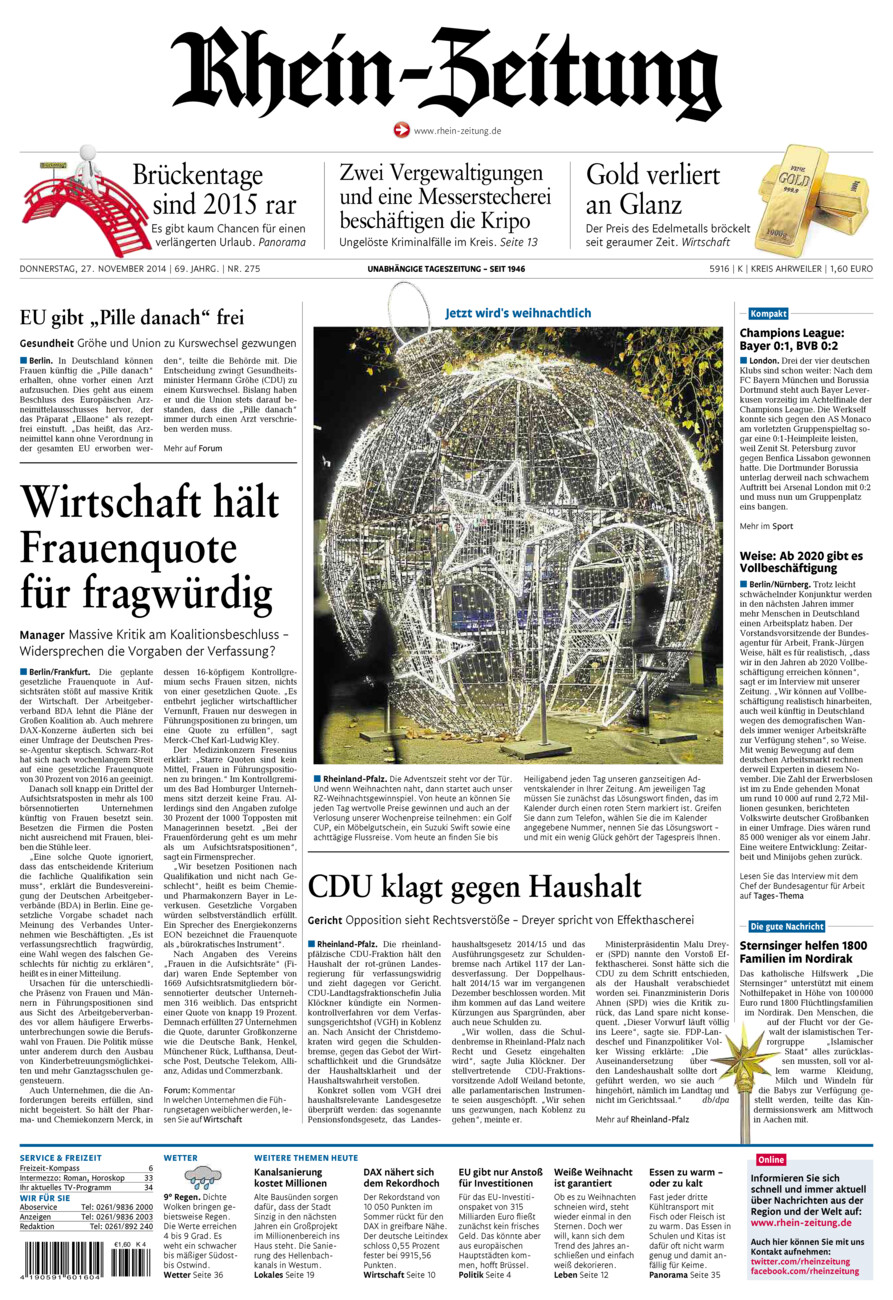 Rhein-Zeitung Kreis Ahrweiler vom Donnerstag, 27.11.2014