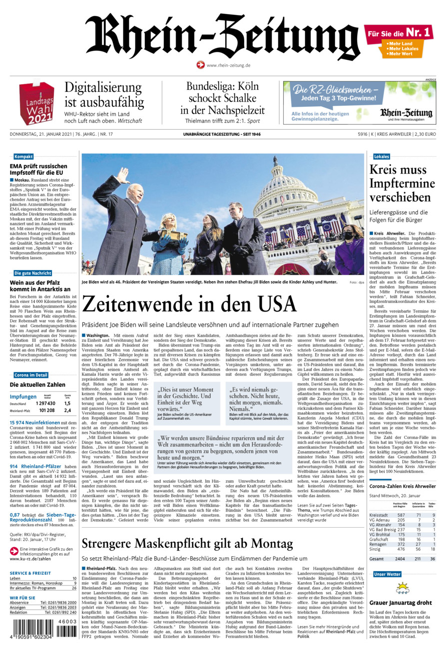 Rhein-Zeitung Kreis Ahrweiler vom Donnerstag, 21.01.2021