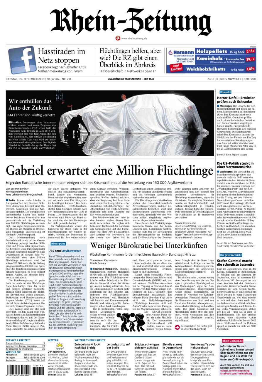 Rhein-Zeitung Kreis Ahrweiler vom Dienstag, 15.09.2015