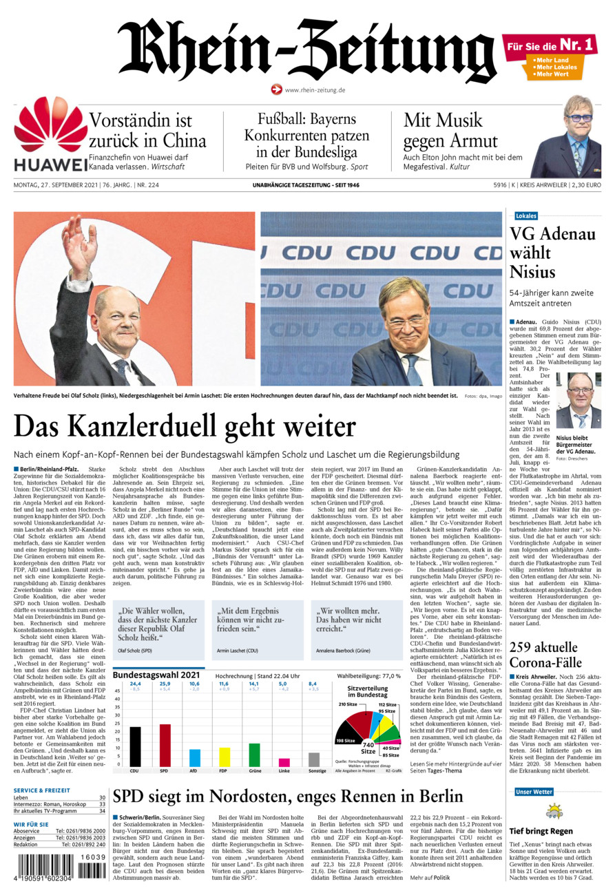 Rhein-Zeitung Kreis Ahrweiler vom Montag, 27.09.2021