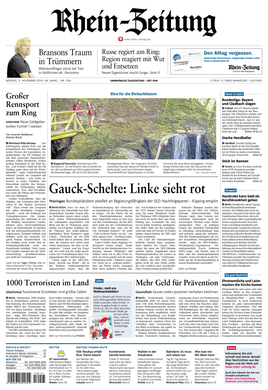 Rhein-Zeitung Kreis Ahrweiler vom Montag, 03.11.2014