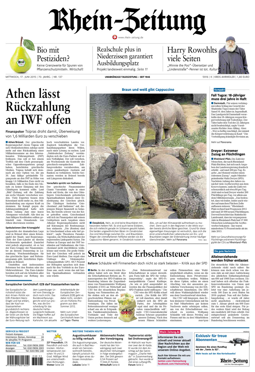 Rhein-Zeitung Kreis Ahrweiler vom Mittwoch, 17.06.2015