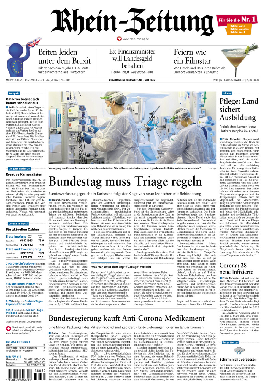 Rhein-Zeitung Kreis Ahrweiler vom Mittwoch, 29.12.2021