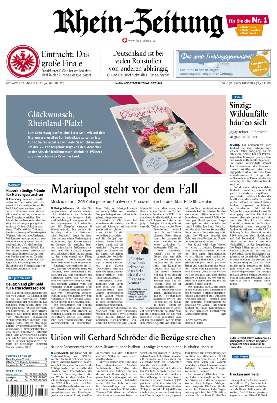 Rhein-Zeitung Kreis Ahrweiler vom Mittwoch, 18.05.2022
