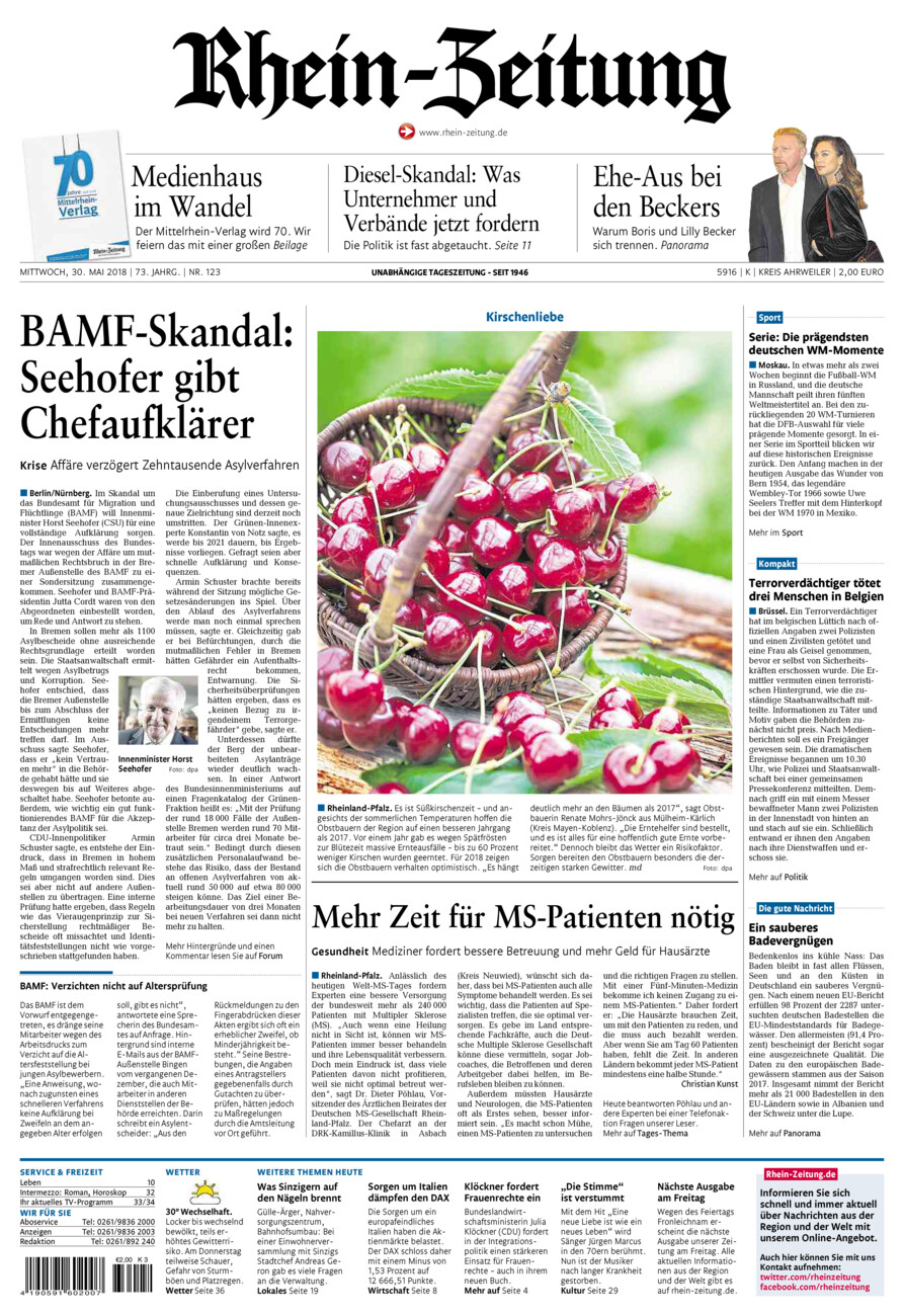 Rhein-Zeitung Kreis Ahrweiler vom Mittwoch, 30.05.2018