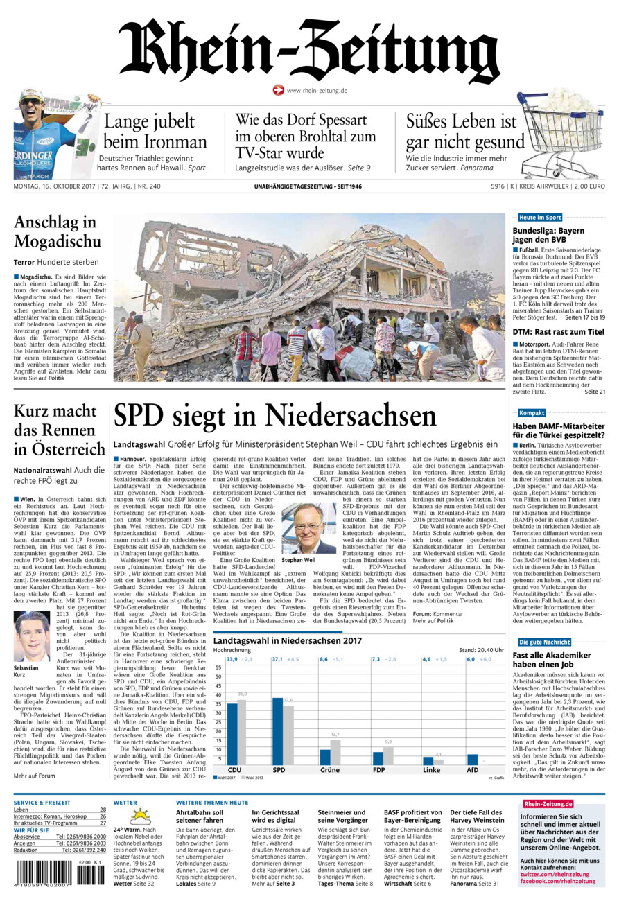 Rhein-Zeitung Kreis Ahrweiler vom Montag, 16.10.2017