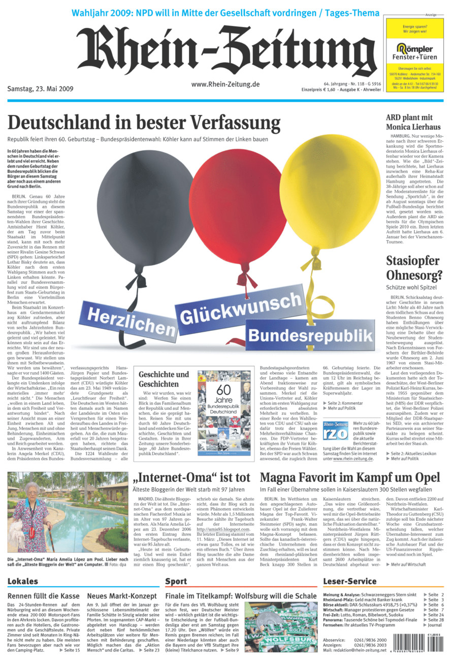 Rhein-Zeitung Kreis Ahrweiler vom Samstag, 23.05.2009