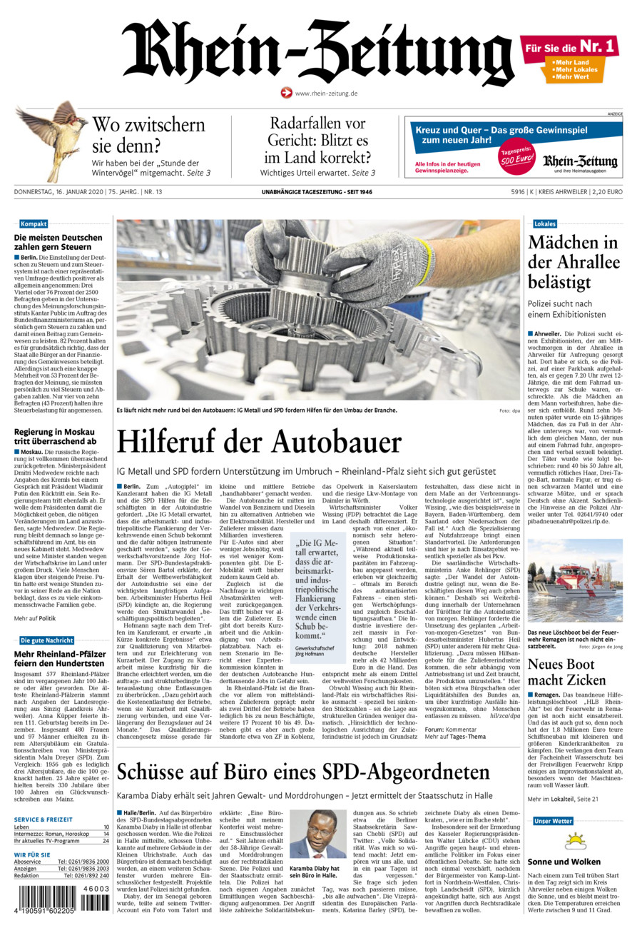 Rhein-Zeitung Kreis Ahrweiler vom Donnerstag, 16.01.2020