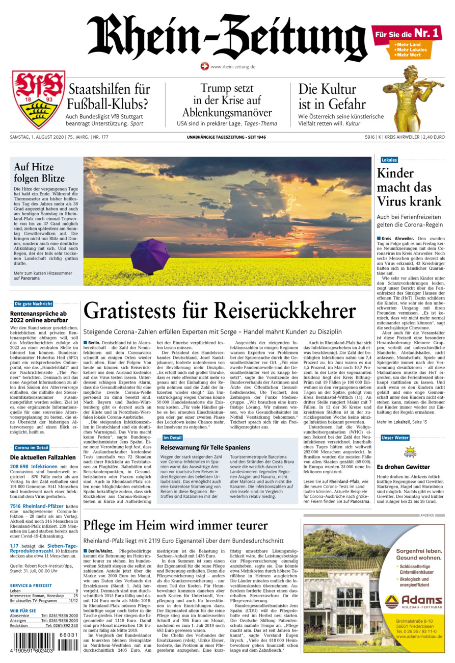 Rhein-Zeitung Kreis Ahrweiler vom Samstag, 01.08.2020