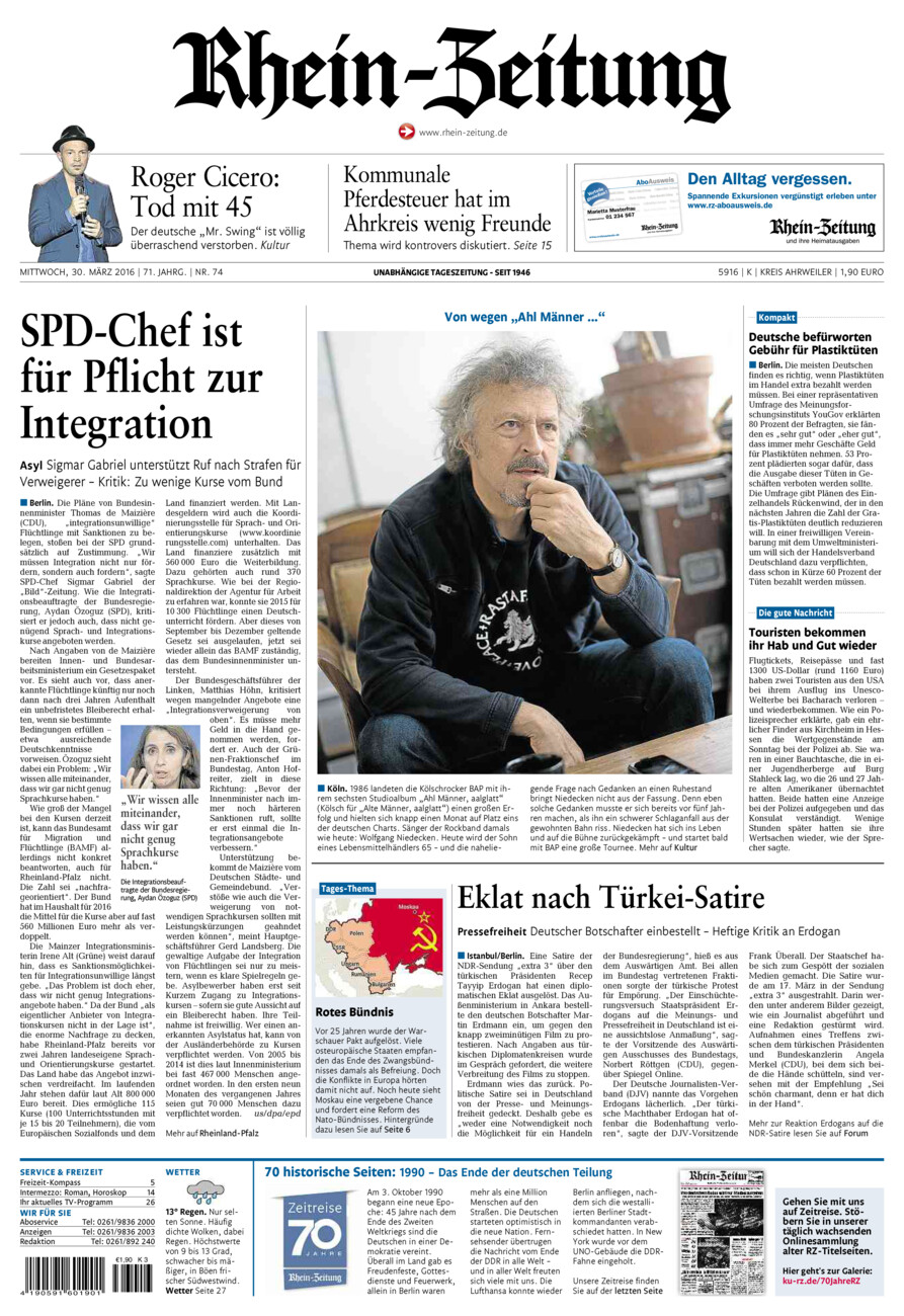 Rhein-Zeitung Kreis Ahrweiler vom Mittwoch, 30.03.2016