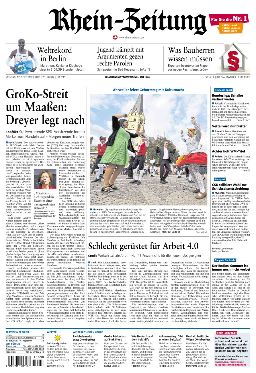 Rhein-Zeitung Kreis Ahrweiler vom Montag, 17.09.2018