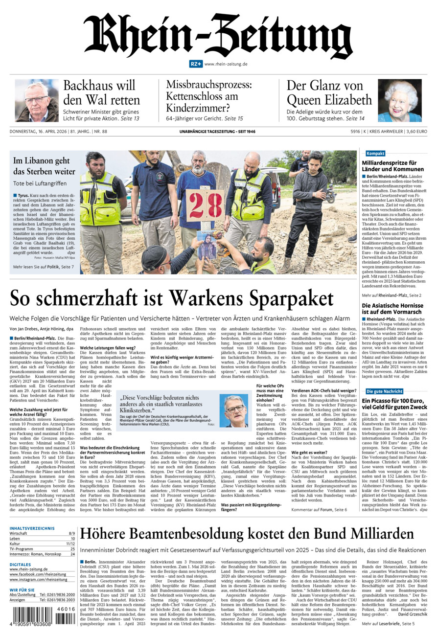 Rhein-Zeitung Kreis Ahrweiler vom Donnerstag, 16.04.2026