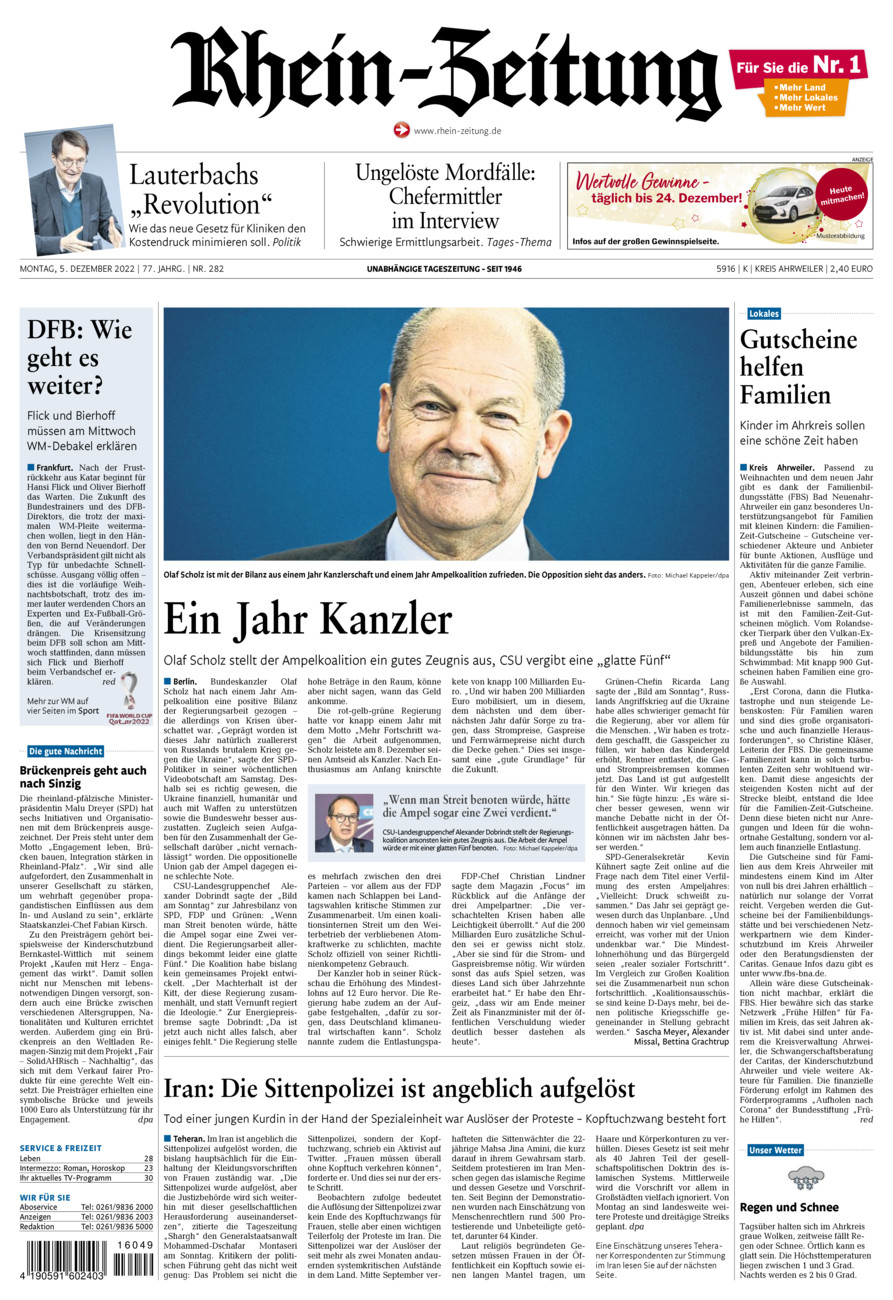 Rhein-Zeitung Kreis Ahrweiler vom Montag, 05.12.2022